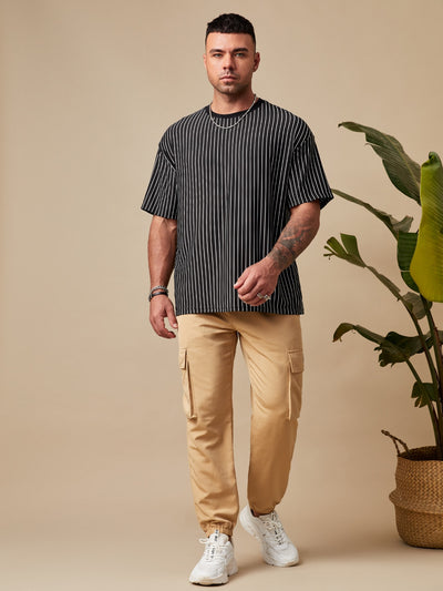 Extended Sizes Men Pinstriped Print Tee