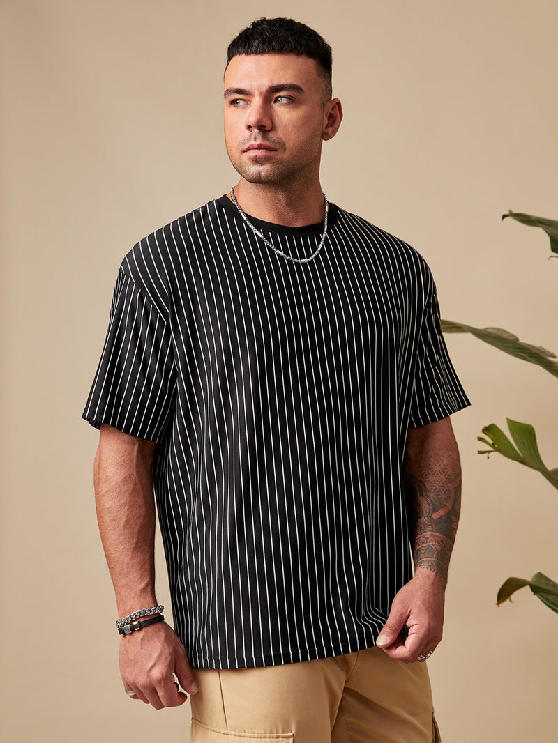 Extended Sizes Men Pinstriped Print Tee