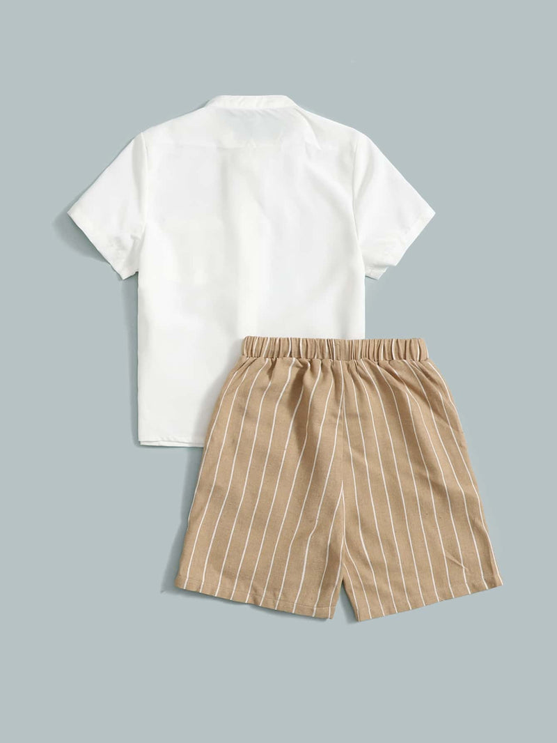 Toddler Boys Patched Pocket Shirt Vertical Striped Drawstring Waist Shorts