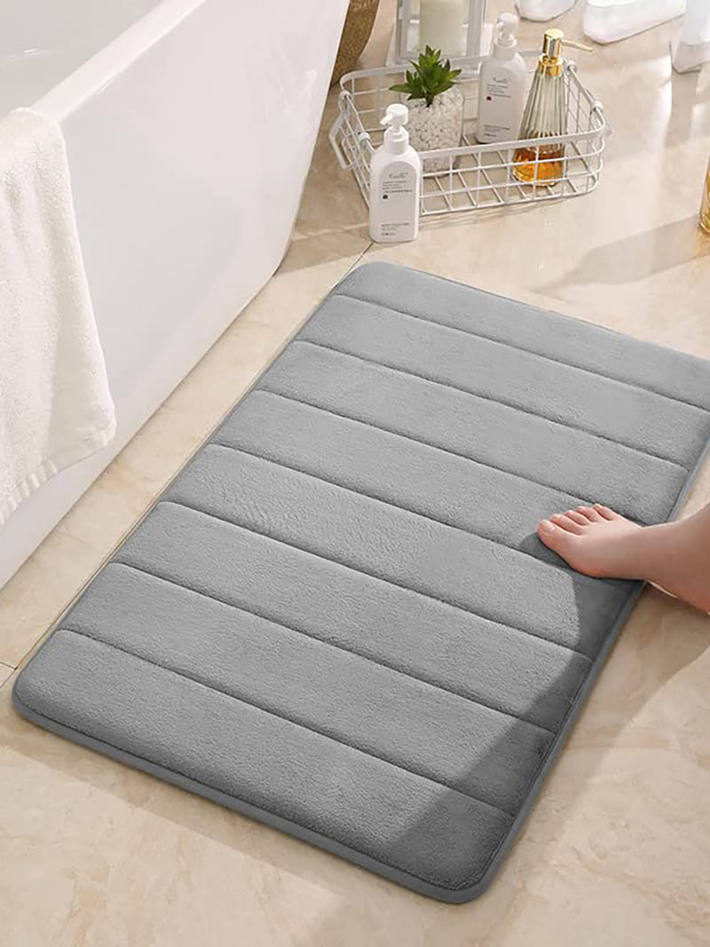 1pc Solid Non slip Bath Rug Flannel Grey Striped Indentation Absorbent Non slip Floor Mat