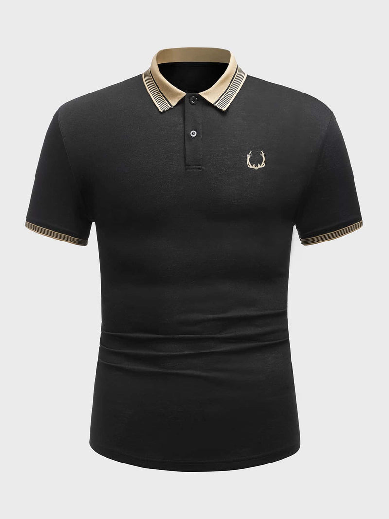 Men Antler Print Striped Trim Polo Shirt