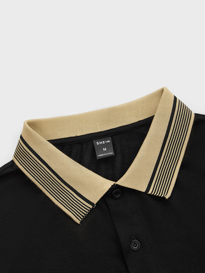 Men Antler Print Striped Trim Polo Shirt