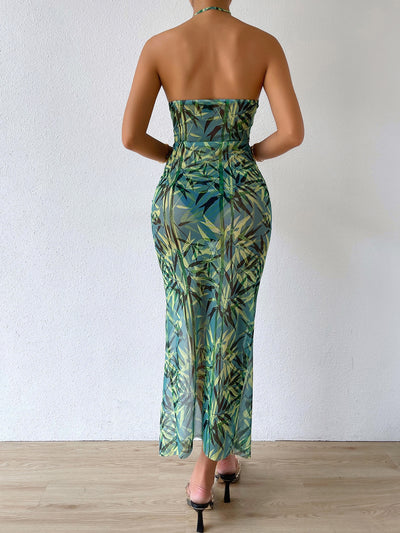 Tropical Print Drawstring Split Thigh Backless Halter Dress
