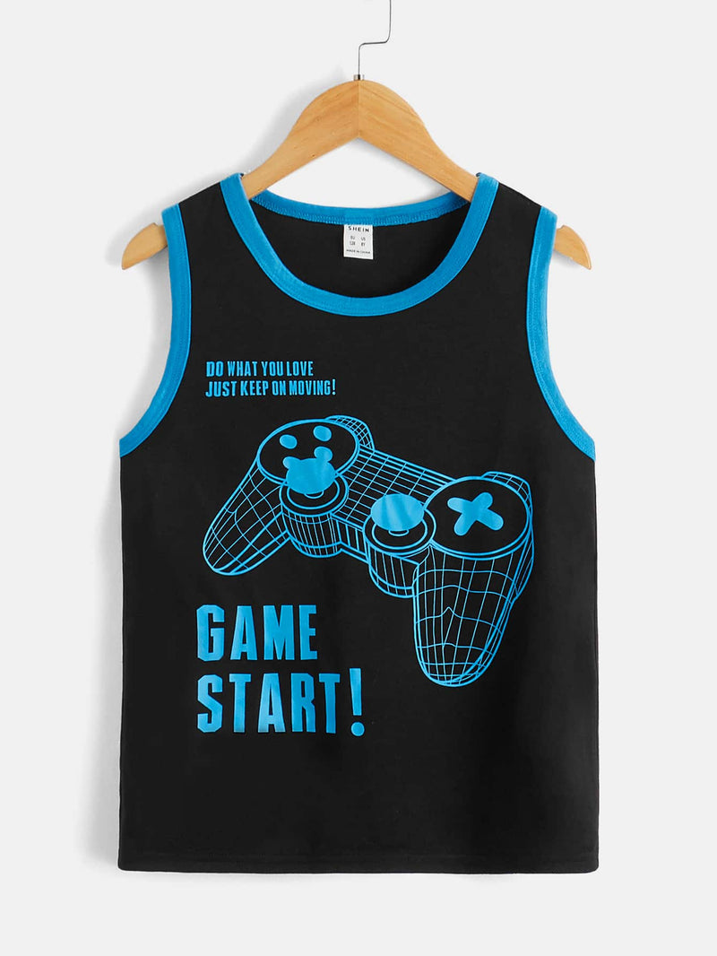 Boys Slogan & Gamepad Print Contrast Binding Tank Top