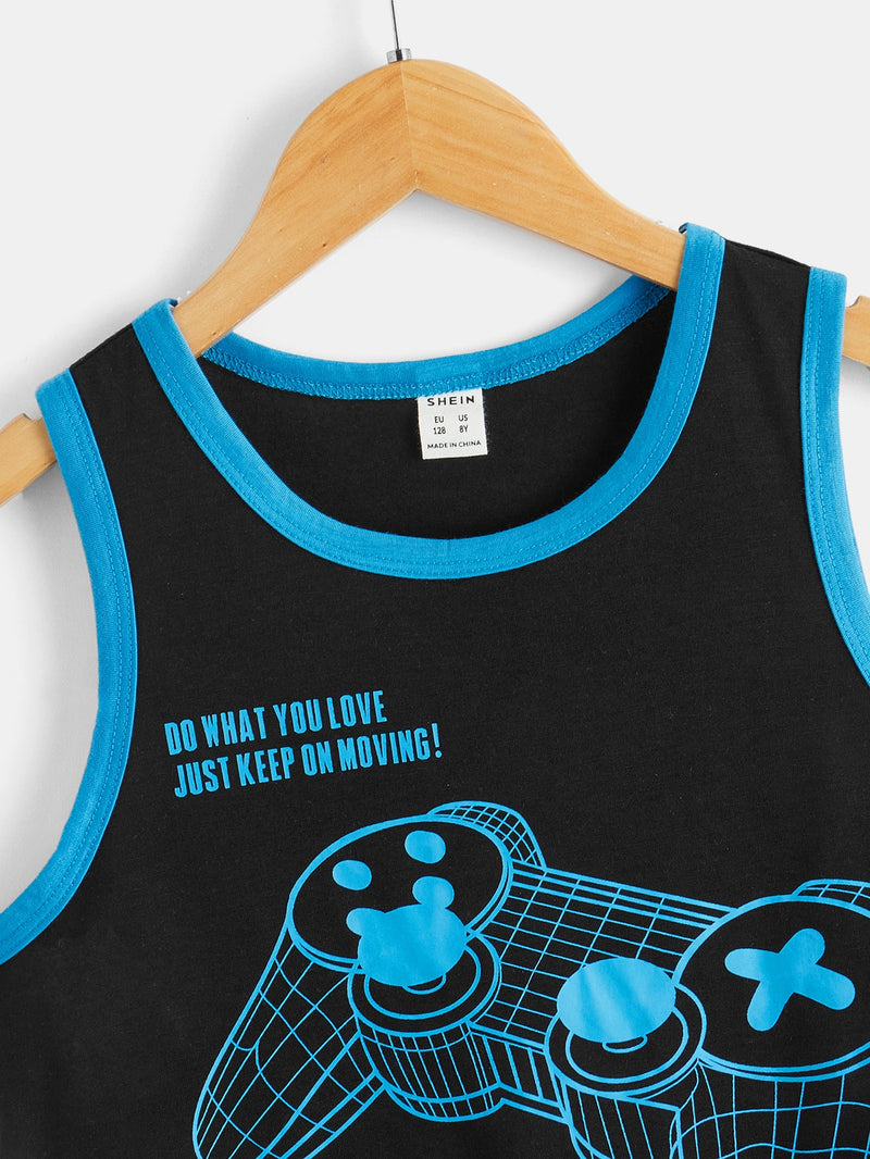 Boys Slogan & Gamepad Print Contrast Binding Tank Top