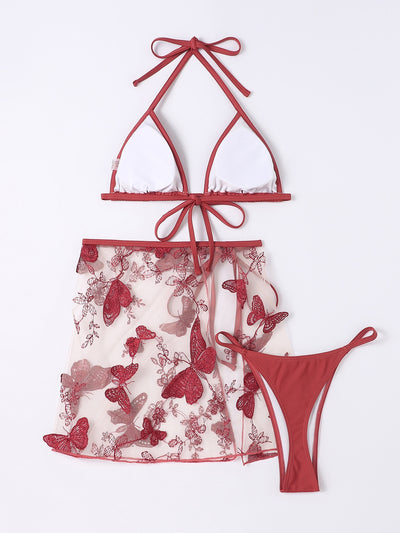 3pack Random Butterfly Embroidery Tie Side Bikini Swimsuit