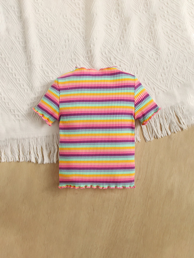 Baby Floral Block Striped Print Lettuce Trim Tee