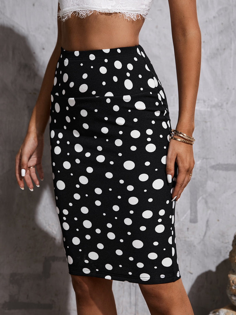 Polka Dot Print Wide Waistband Skirt