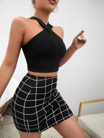 Crisscross Halter Top Plaid Print Split Hem Skirt