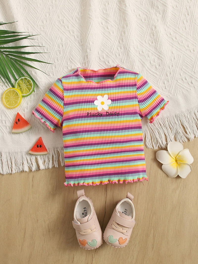 Baby Floral Block Striped Print Lettuce Trim Tee