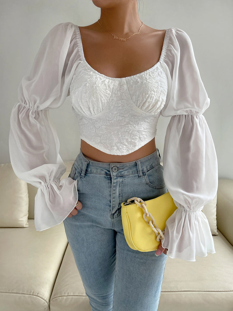 Gathered Sleeve Lace Up Backless Curved Hem Bustier Crop Blouse