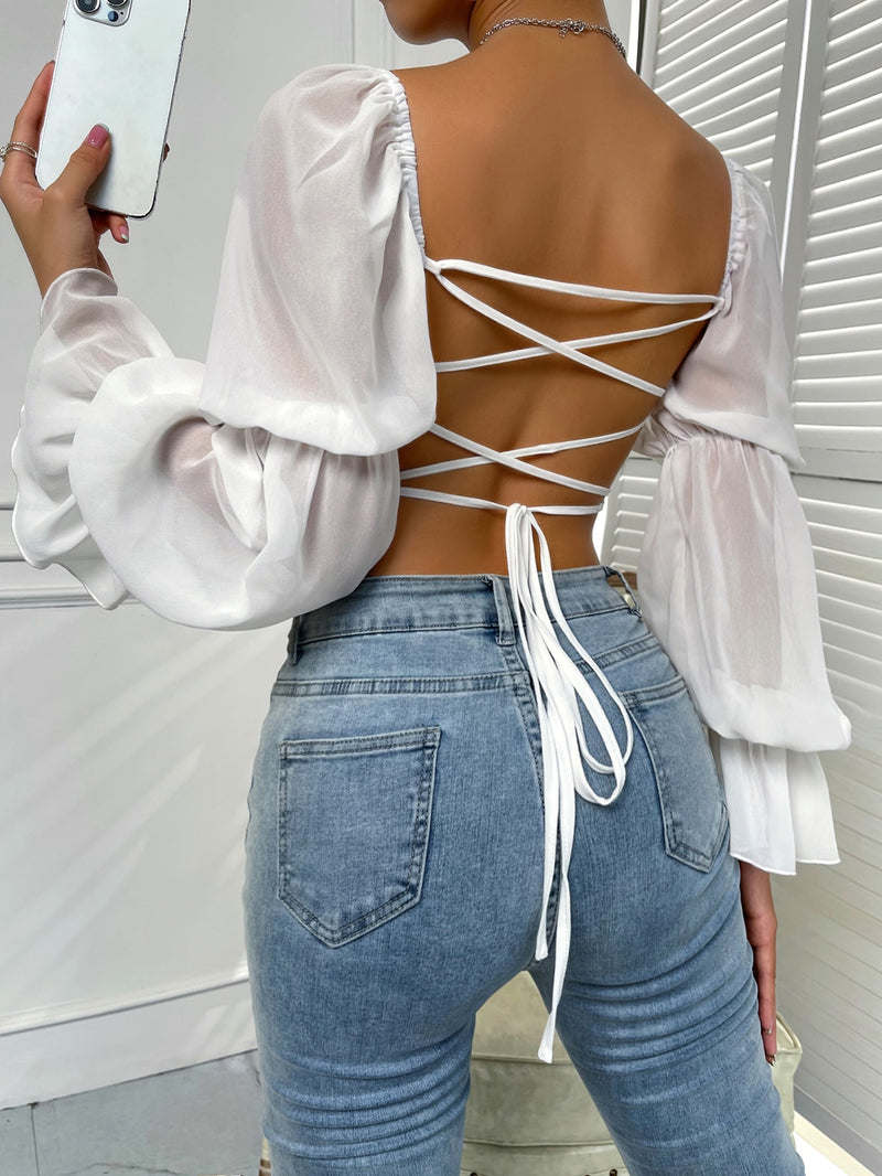 Gathered Sleeve Lace Up Backless Curved Hem Bustier Crop Blouse