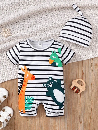 Baby Striped Cartoon Graphic Romper Hat