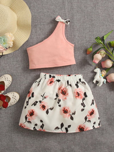 Baby Bow One Shoulder Top Floral Print Skirt
