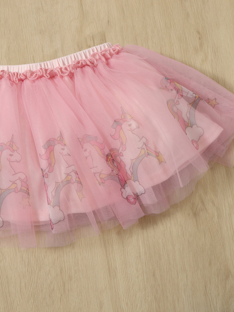 Baby Unicorn Print Mesh Overlay Skirt