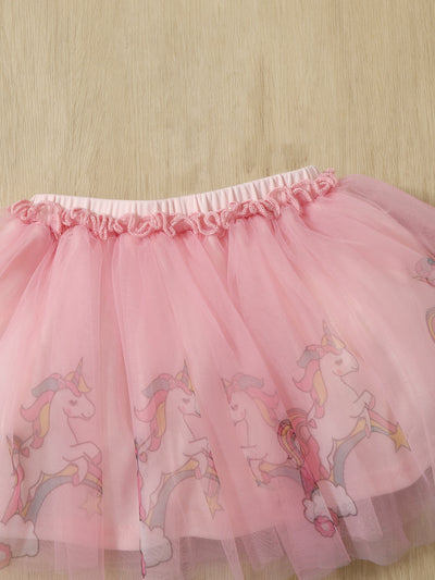 Baby Unicorn Print Mesh Overlay Skirt