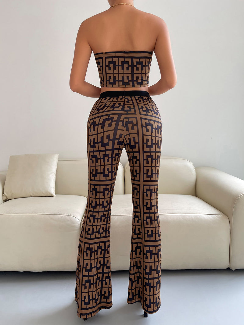 Geo Print Crop Tube Top With Flare Leg Pants