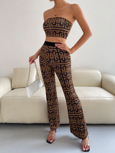 Geo Print Crop Tube Top With Flare Leg Pants