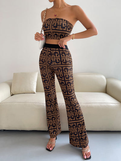 Geo Print Crop Tube Top With Flare Leg Pants