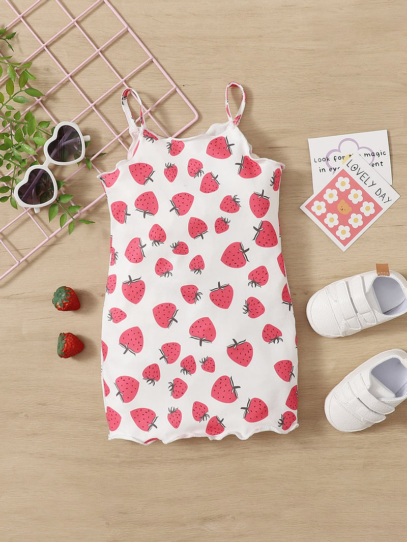 Baby Strawberry Print Lettuce Trim Cami Dress