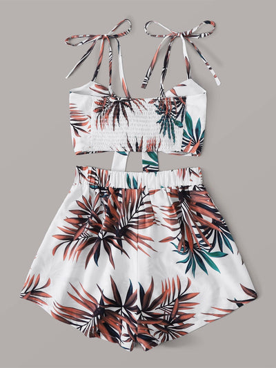 Tropical Print Tie Shoulder Shirred Cami Top With Shorts