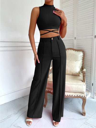 Criss Cross Mock Neck Top Seam Front Pants