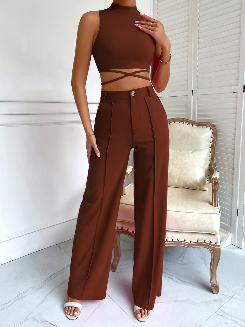 Criss Cross Mock Neck Top Seam Front Pants