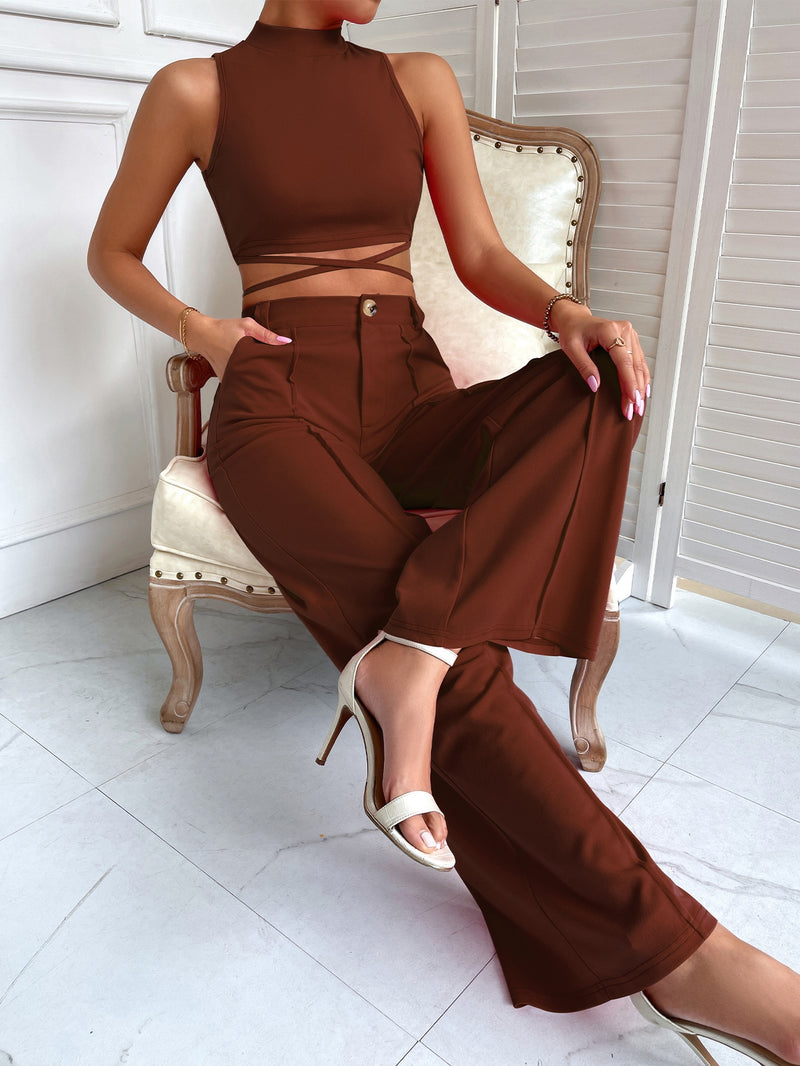 Criss Cross Mock Neck Top Seam Front Pants