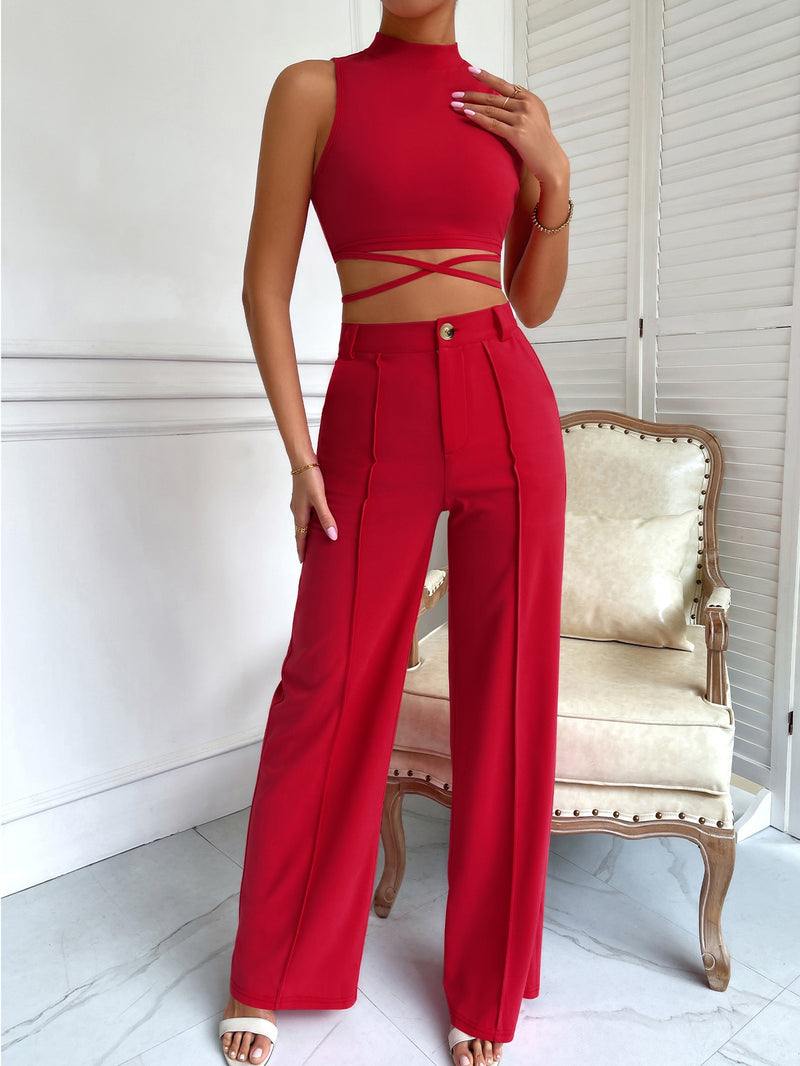 Criss Cross Mock Neck Top Seam Front Pants