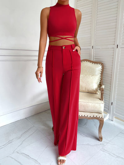 Criss Cross Mock Neck Top Seam Front Pants