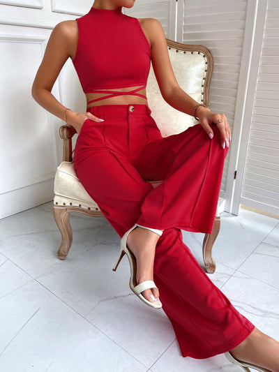 Criss Cross Mock Neck Top Seam Front Pants