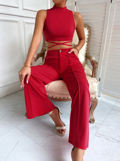 Criss Cross Mock Neck Top Seam Front Pants