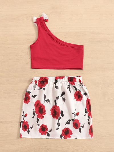 Baby Bow One Shoulder Top Floral Print Skirt