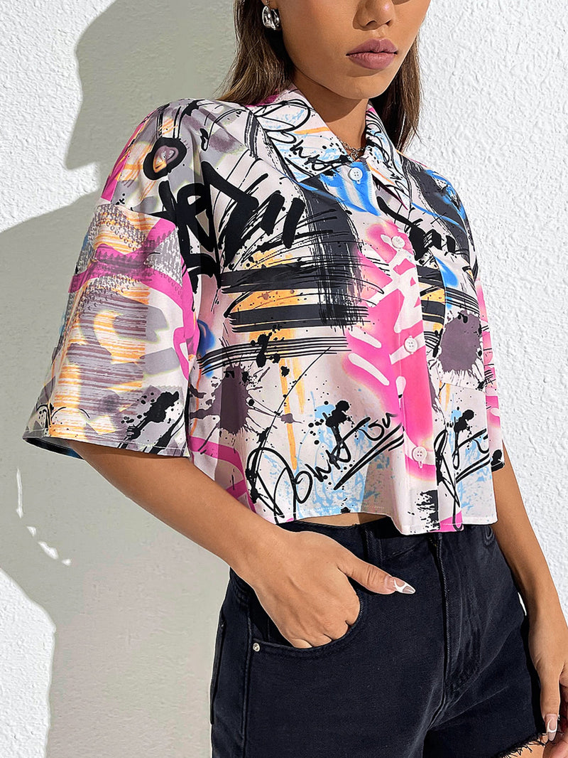 Graphic Print Button Front Shirt