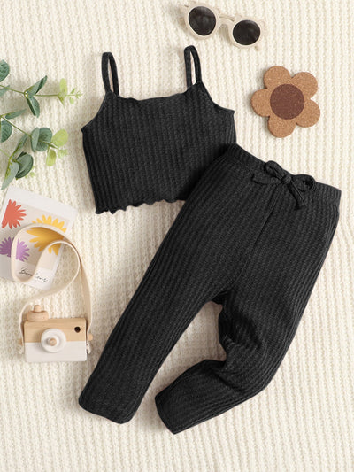 Baby Waffle Knit Lettuce Trim Cami Top Bow Front Pants