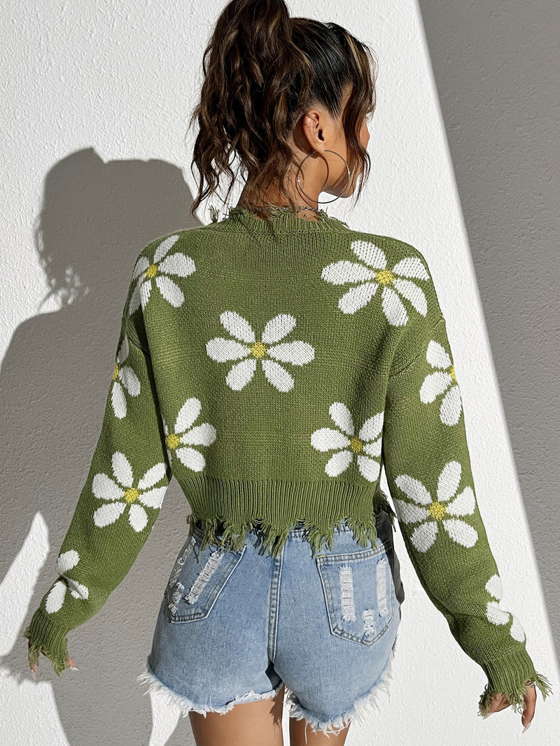 Floral Pattern Drop Shoulder Distressed Sweater