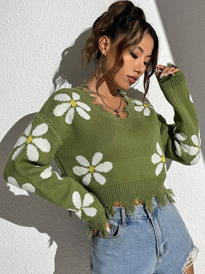 Floral Pattern Drop Shoulder Distressed Sweater