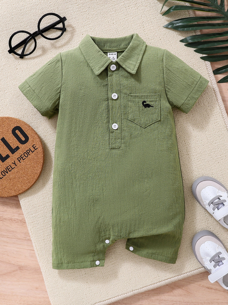 Baby Dinosaur Embroidery Button Half Placket Romper