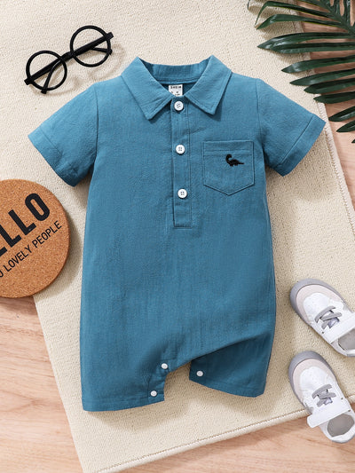 Baby Dinosaur Embroidery Button Half Placket Romper