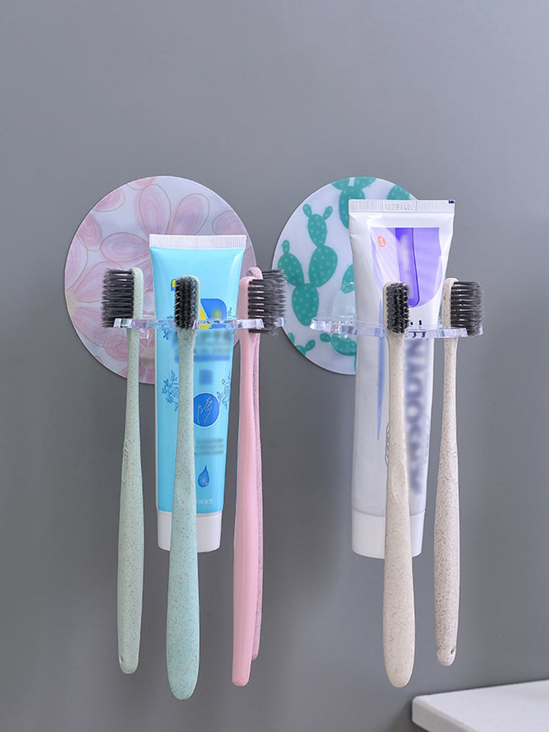 1pc Random Color Toothbrush Holder Wall Mounted Multifunction Plastic Toothbrush Rack Creative Self Adhesive Storage Organizer For Shower Bathroom Toothpaste Storage Rack Bathroom Accessory Tool