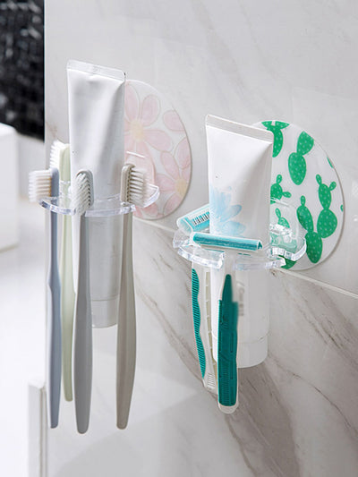 1pc Random Color Toothbrush Holder Wall Mounted Multifunction Plastic Toothbrush Rack Creative Self Adhesive Storage Organizer For Shower Bathroom Toothpaste Storage Rack Bathroom Accessory Tool