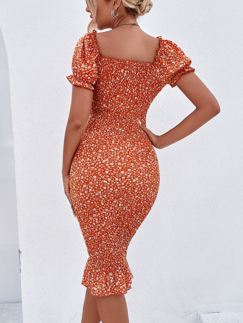 Ditsy Floral Puff Sleeve Shirred Bodycon Dress
