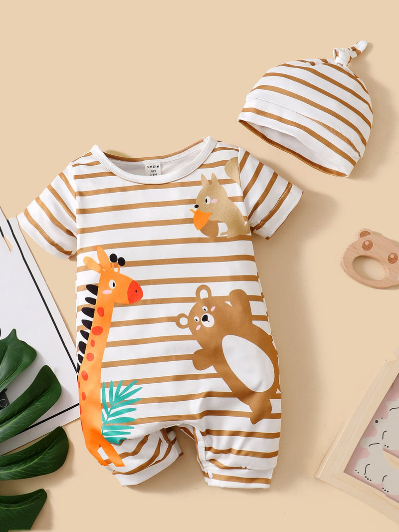 Baby Striped Cartoon Graphic Romper Hat