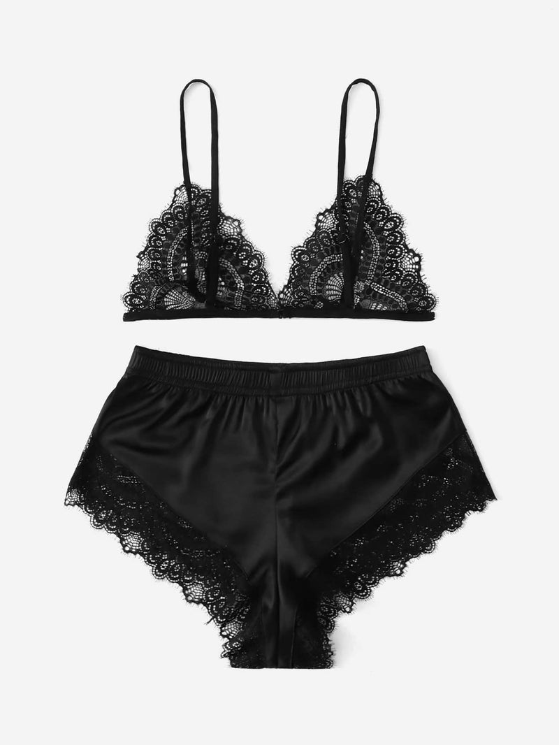 Lace Triangle Top Shorts PJ Set