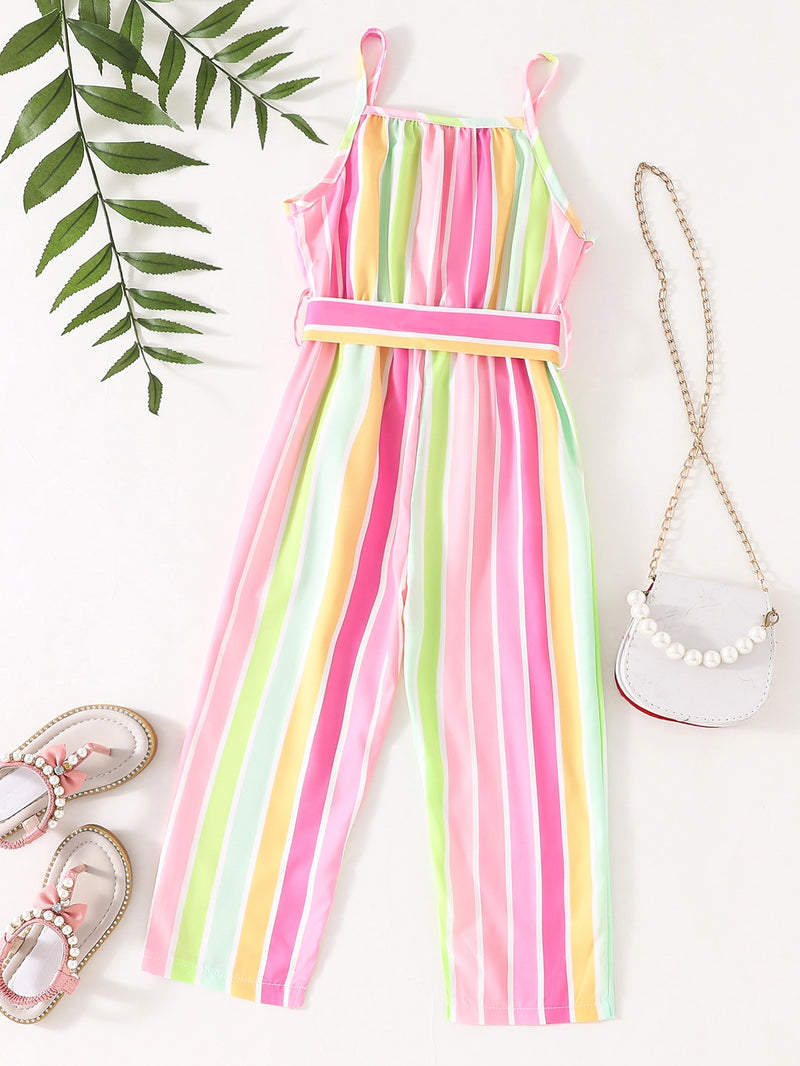 Toddler Girls Striped Print Belted Cami Jumpsuit
