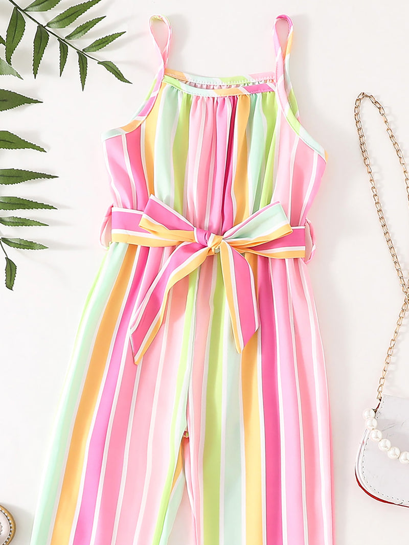 Toddler Girls Striped Print Belted Cami Jumpsuit