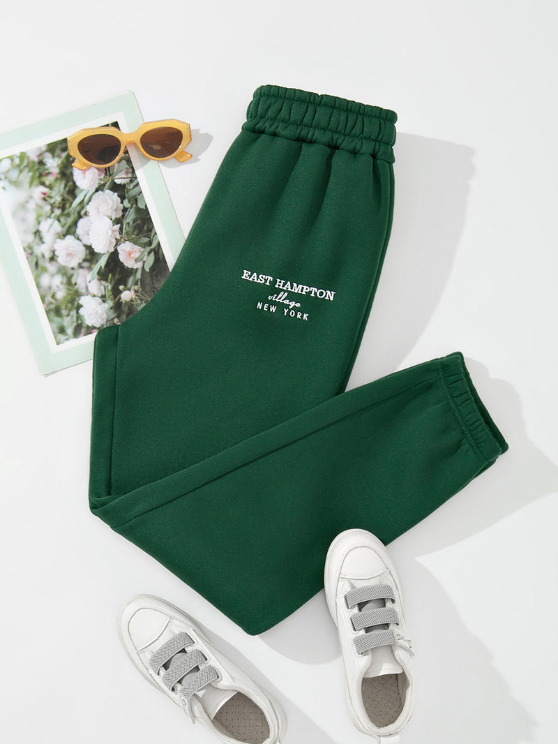 Letter Embroidery Elastic Waist Thermal Lined Sweatpants