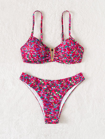 Random Allover Print V Wired Bikini Swimsuit