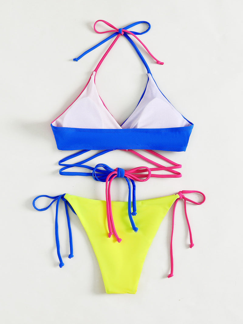 Colorblock Lace Up Bikini Swimsuit