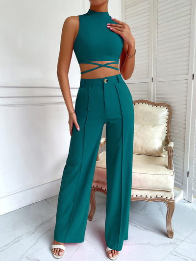 Criss Cross Mock Neck Top Seam Front Pants